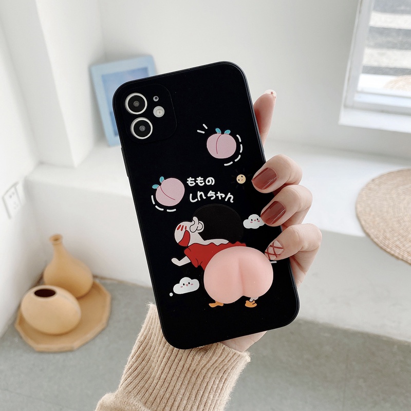 OPPO A95 A16 A94 A74 A54 A1k A15 A15s A7 A5s A12 F7 Reno 5F 4F 4 Cartoon Anime Crayon Shin-Chan Funny Casing Soft Squishy Pinch Peach-Black