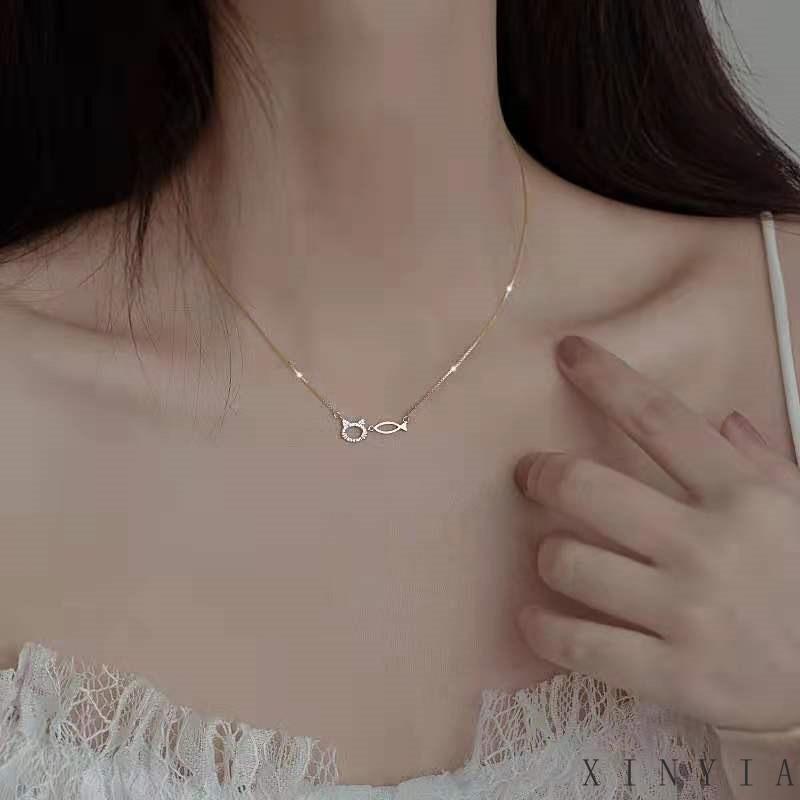 Kalung Rantai Klavikula Desain Kucing Ikan Untuk Wanita