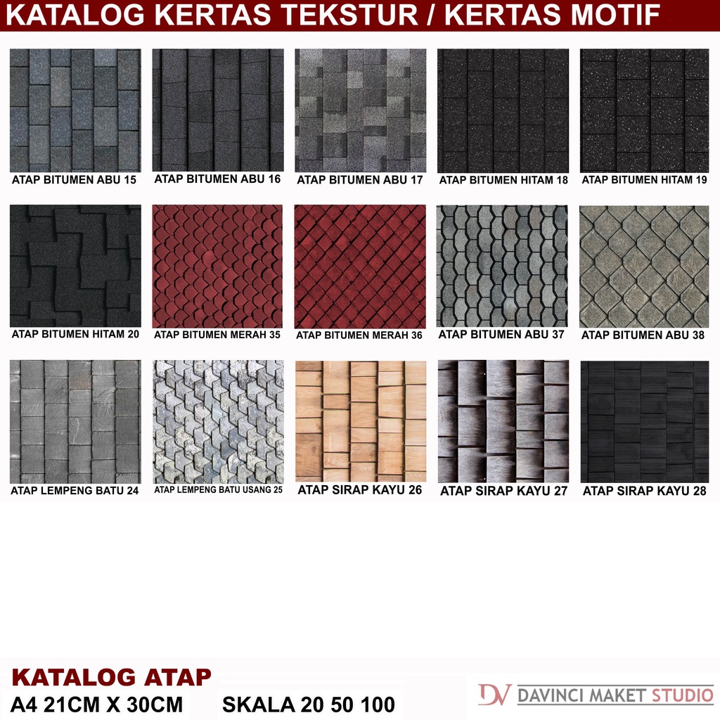Kertas Tekstur Bahan Atap 02 Maket Diorama - Motif Atap Bitumen Lempeng Batu Sirap Kayu A4 21cm x 30