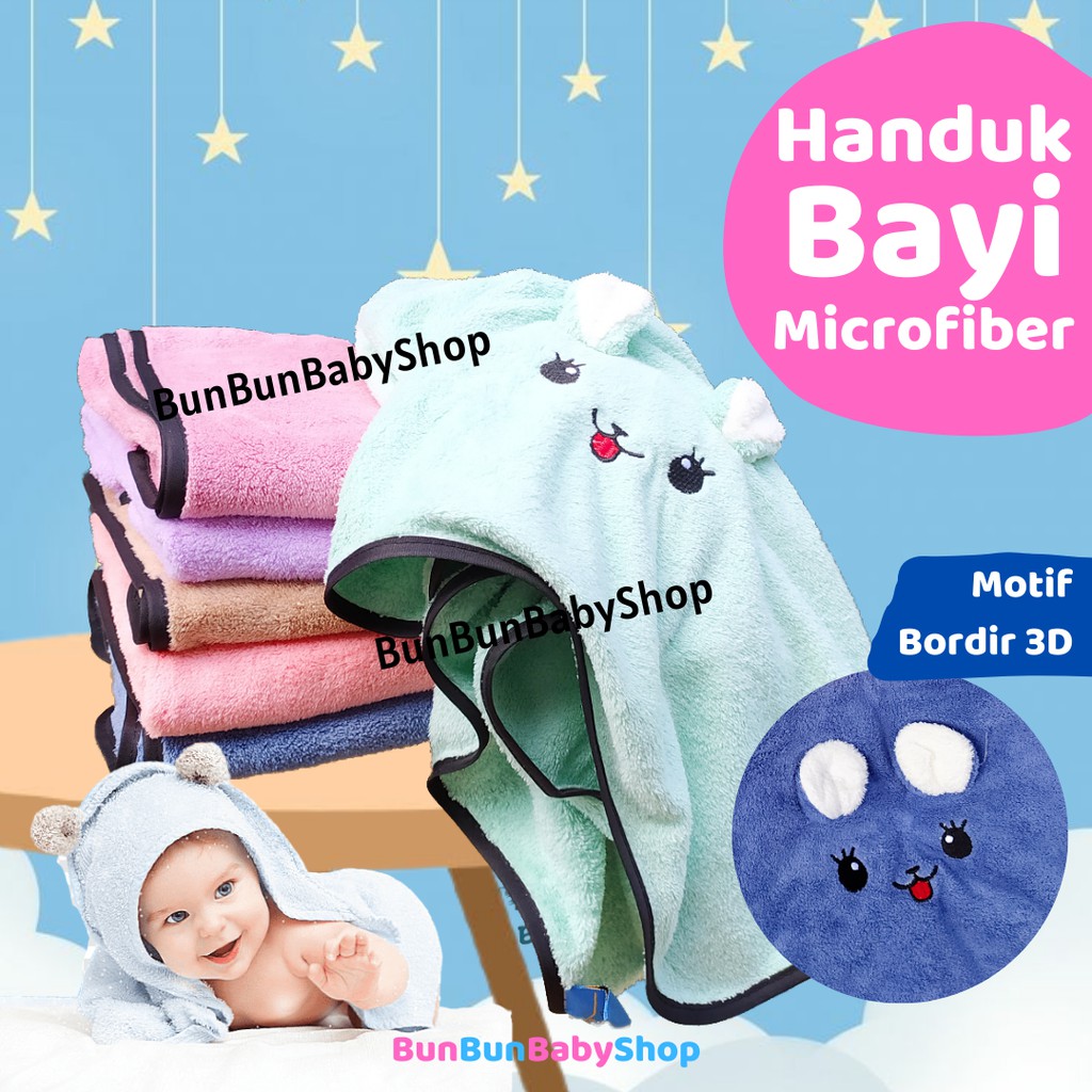 Handuk Bayi Lembut Microfiber Bordir 3D Motif Perlengkapan Mandi Baby Baru Lahir Karakter New Born