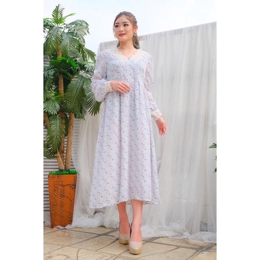 Long Tunic V Neck Retro Flower Casual Dress with Lace Application ( Long Tunik Bunga Korea Sifon )