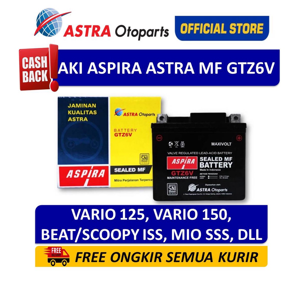 Aki Motor Aspira Astra GTZ-6V MF Kering Vario 125 Vario 150 Beat Scoopy ISS Mio SSS 11-GTZ-6VMF