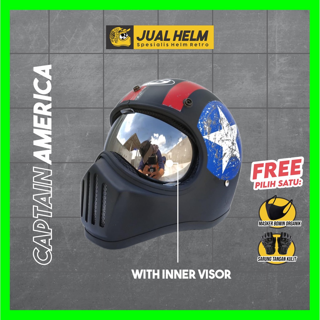 Helm Cakil HBC Captain America Black + Inner Visor ( Fullface / Retro / Klasik / Vespa )