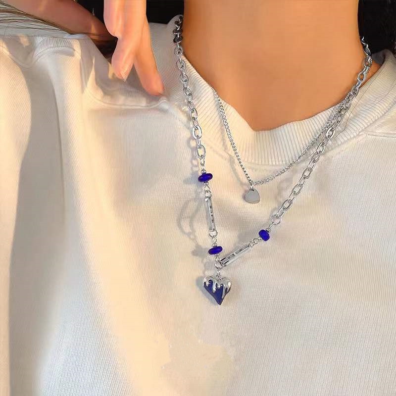 Kalung Klavikula Lapisan Ganda Dengan Liontin Hati Warna Biru