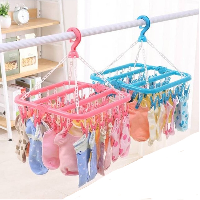 Hanger Gantungan Baju Kaos Kaki Dasi Celana Dalam Bra Pakaian Bayi Bedong Kaus Sarug Tangan Clips Windproof Tali Serbaguna Multifungsi/Jemuran Baju 32 Jepit