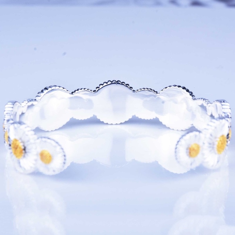 Italian Handmade Brushed Craft Vintage Daisy Palace Style 925 Silver Bracelet