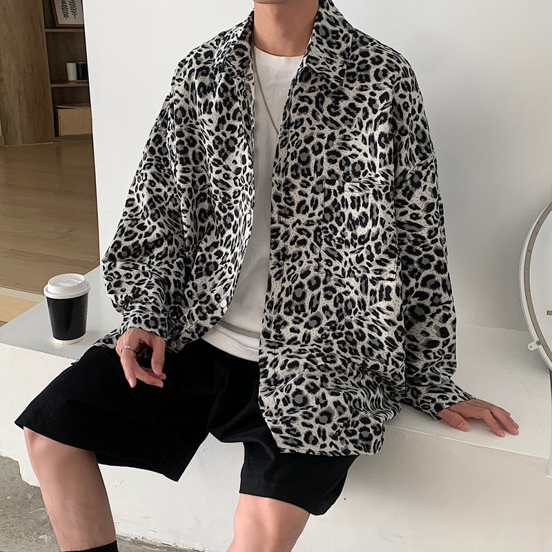 Kemeja Kasual Pria Pria Macan Tutul Cetak Kemeja Lengan Panjang  Korea Tren Fashion  Kasual  Kemeja 