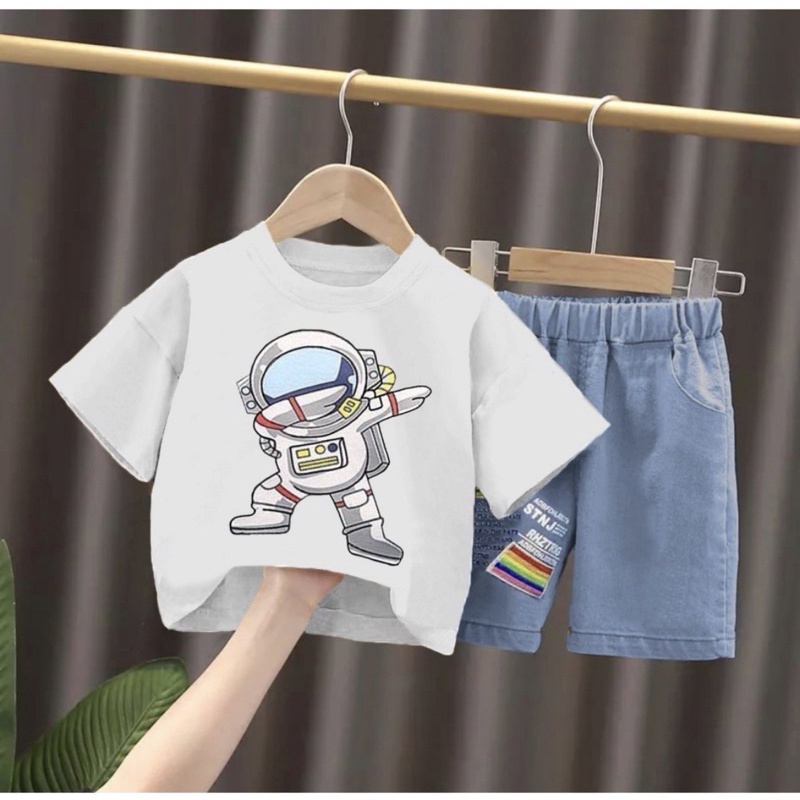 NEW Setelan baju celana denim bayi anak motif nasa astronot usia 6 bulan-5 tahun bahan katun trendy terbaru termurah/Setelan baju celana denim bayi anak laki laki/ Setelan baju celana denim bayi anak cowok/ Setelan baju celana denim bayi anak perempuan