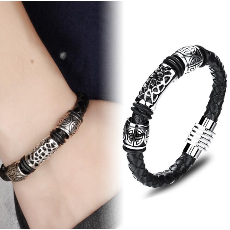 2022 Gelang Tangan Magnetik Bahan Kulit + Stainless Steel Warna Hitam / Coklat 18.5 / 22 / 20.5cm Untuk Pria