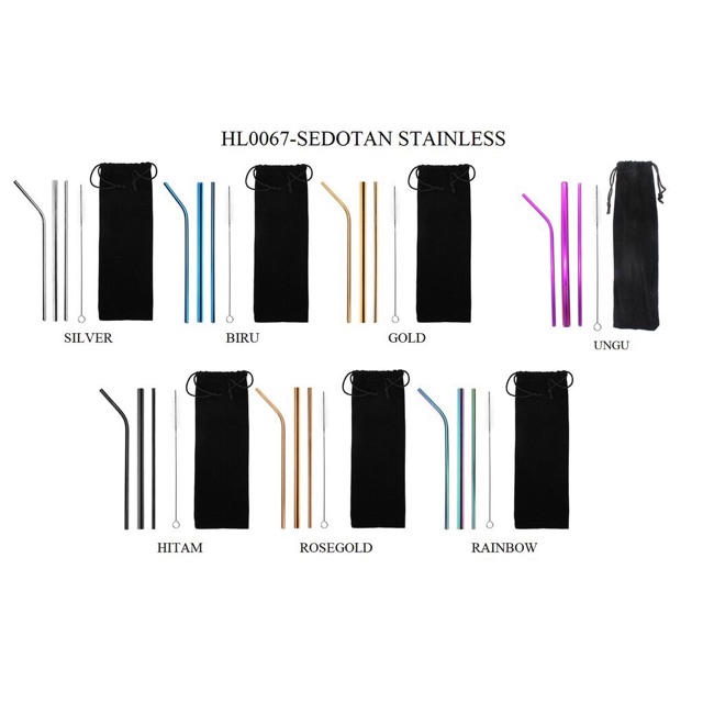 Sedotan stainless steel reusable straw minuman 1 set 5 items