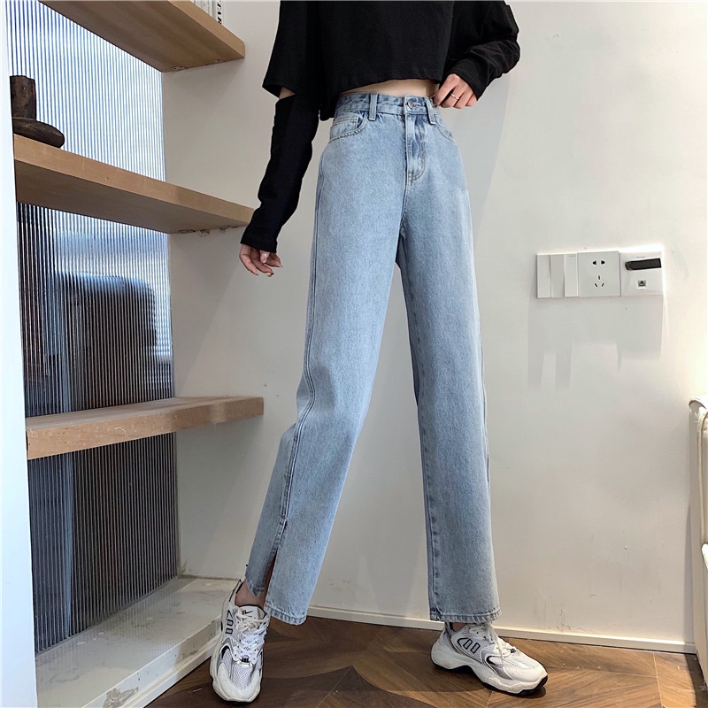 MOOGU ♡ Celana jeans longgar slit korea pinggang tinggi lurus