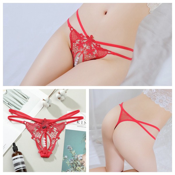(COD) G String Wanita transparan Lace Bordir Thong mutiara Seksi Celana Dalam C227-1