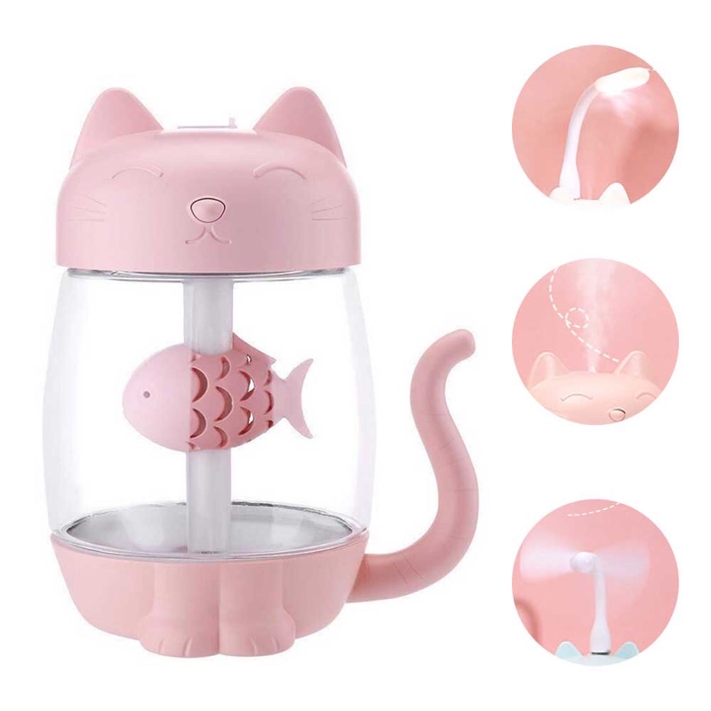 3 in 1 Air Humidifier Aromatherapy Oil Diffuser Cat Kitty 350ml with Fan + LED Lamp - Pink