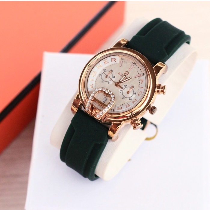 JAM TANGAN WANITA AIGNER J100 TALI RUBBER CHRONO OFF TANGGAL AKTIF DM 3.5CM FREE BOX  || JAM TANGAN FASHION WANITA AIGNER