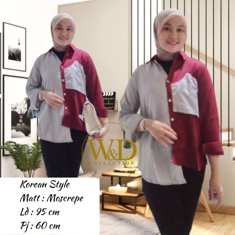 Kemeja Wanita Atasan Blouse Casual Polos Kombinasi Warna Lengan Panjang Model Pinguin Bahan Moscrepe