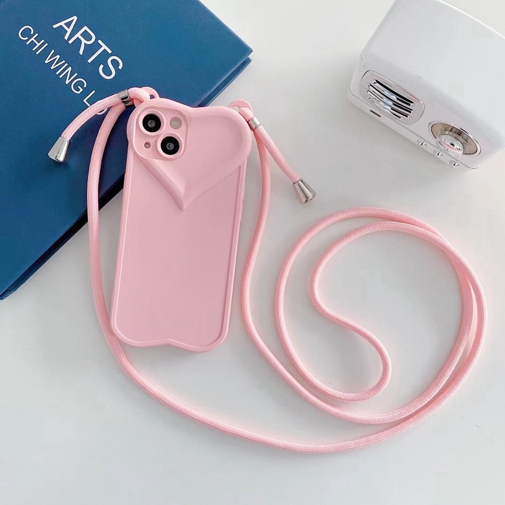 Soft case Silikon Motif Hati 3D Dengan Lanyard Untuk iPhone 13 Pro MAX 12 11 Pro MAX X XS MAX XR 7 + 8 Plus