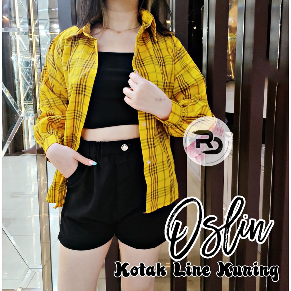 RD FASHION Kemeja Oslin Oversize | Kemeja Korea Jumbo Wanita | Bahan Creap - Fit to L-KOTAK LINE KUNING