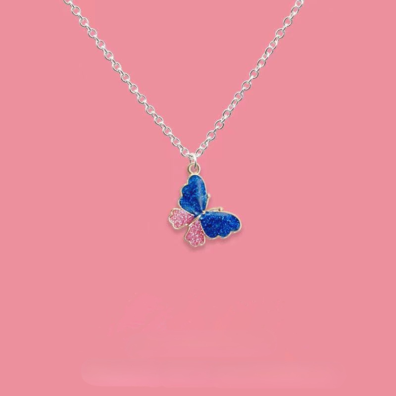 Kalung Rantai Klavikula Panjang Liontin Kupu-Kupu Glitter Warna Pink Biru Gaya Korea