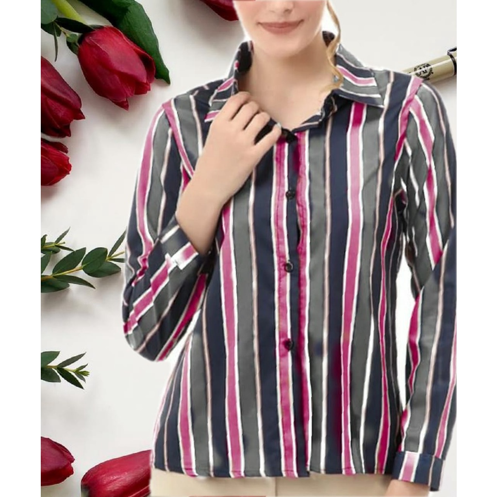 kemeja panjang wanita salur tricolor (salur 3 warna)