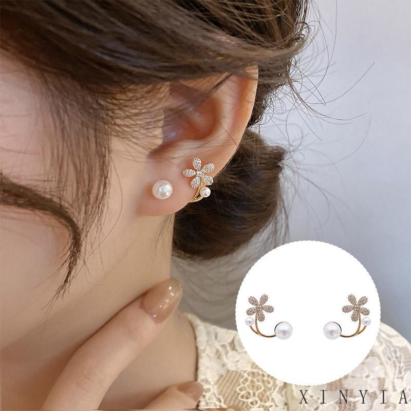 Anting Stud Bentuk Bunga Aksen Mutiara Untuk Wanita