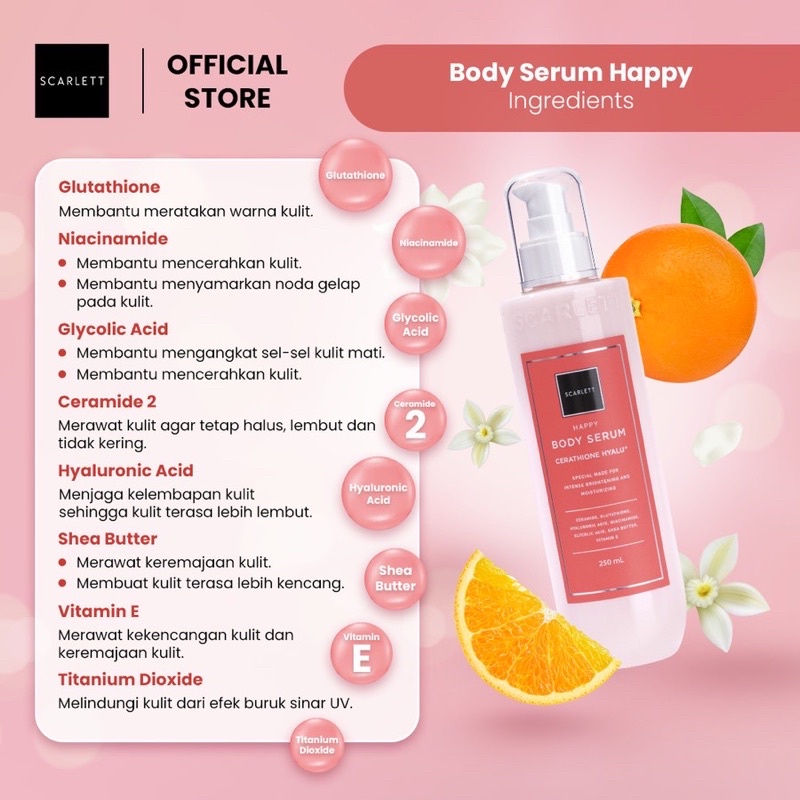 SCARLETT WHITENING HAPPY SERIES BODY CARE BODY LOTION BODY SERUM BODY CREAM BODY SCRUB SHOWER SCRUB HAPPY