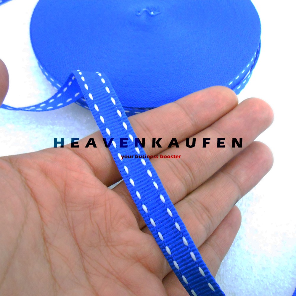 Tali Webbing Lanyard Bintik Halus Lebar 1 cm Warna Biru Garis Putus Putih Per Rol isi 19 Meter