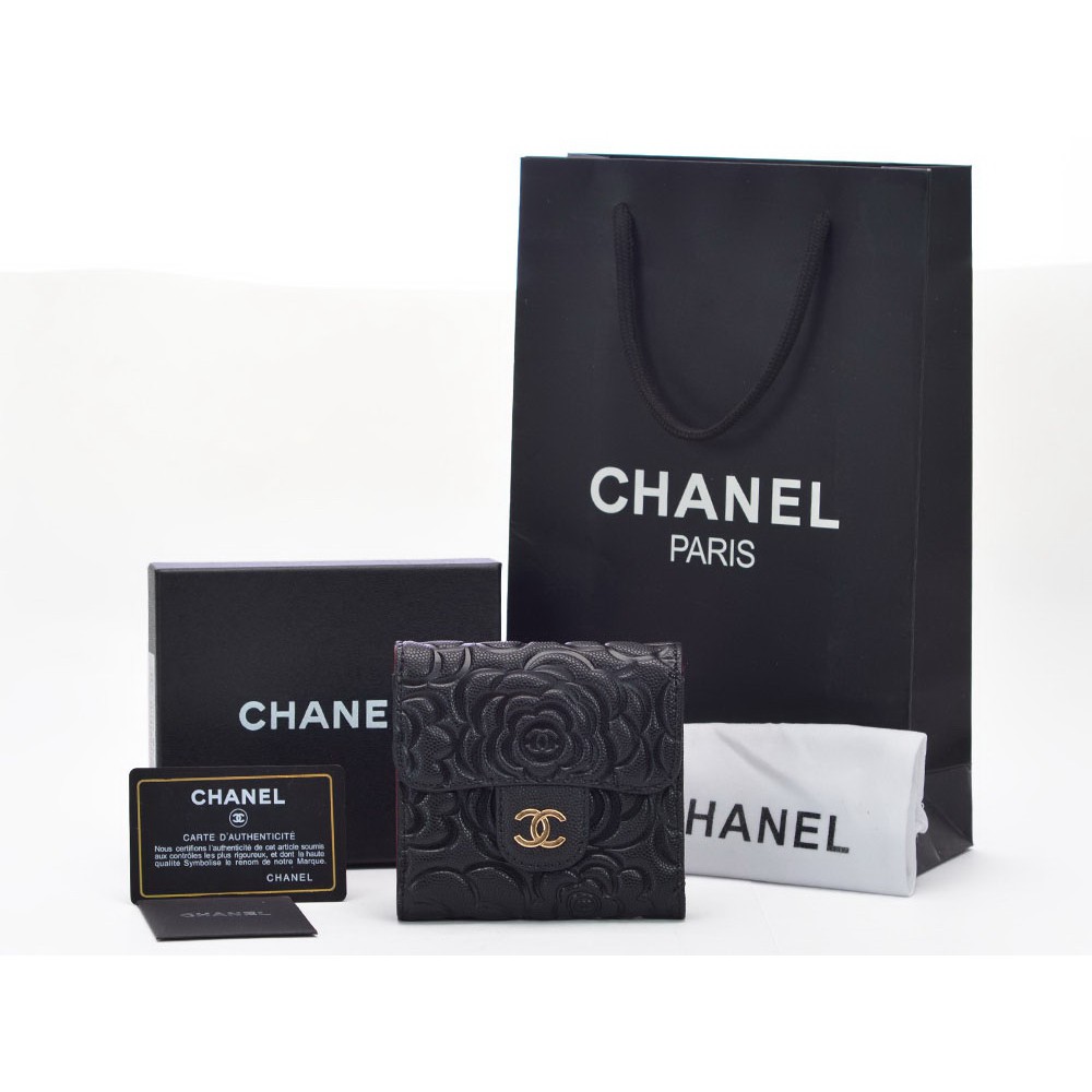 Dompet Chanel Flap Small Caviar Camellia Hitam pocket 