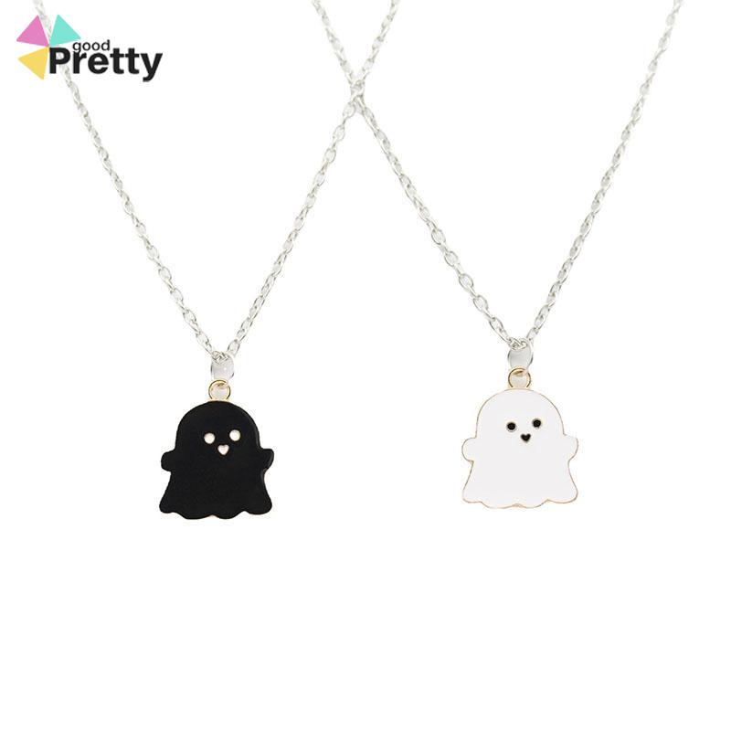 Kalung Rantai Dengan Liontin Kartun Hantu Warna Hitam Dan Putih Untuk Hadiah Halloween - PD