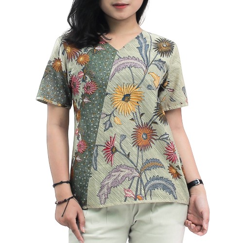 Blouse Batik Atasan Wanita Modern  &amp; Trendy_ Motif Bunga Matahari S-M-L-XL-XXL-3L-4L-5L