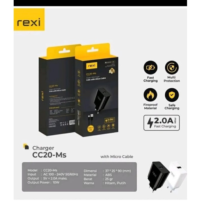 Batok Charger 2A Single Output + Android Micro Cable CC20 Ms Rexi