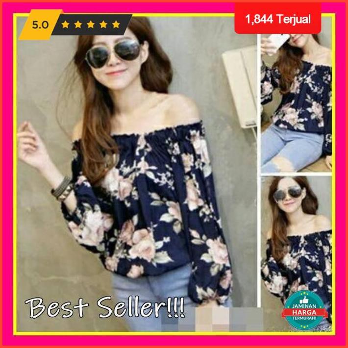 Blouse Sabrina Flower Baju Korea Floral Motif Bunga Cewek Wanita Limited