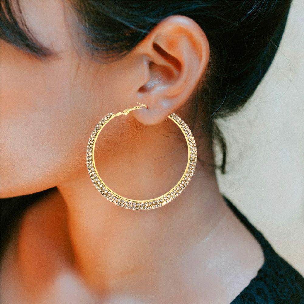 Lily Kristal Anting Hoop Fashion Emas Perak Baris Ganda Berlian Imitasi Menjuntai Perhiasan