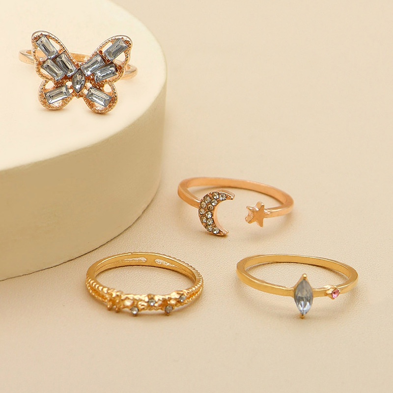 4pcs / set Cincin Model butterfly Terbuka Desain Bintang Bulan Mata Kuda Aksen Berlian Imitasi