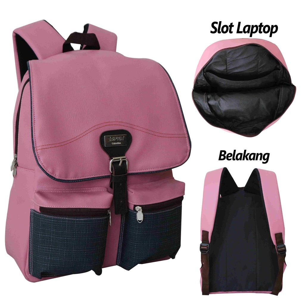 Tas Ransel Wanita Espirit Saku Pink Bagus Backpack Kulit Kekinian Fashionable