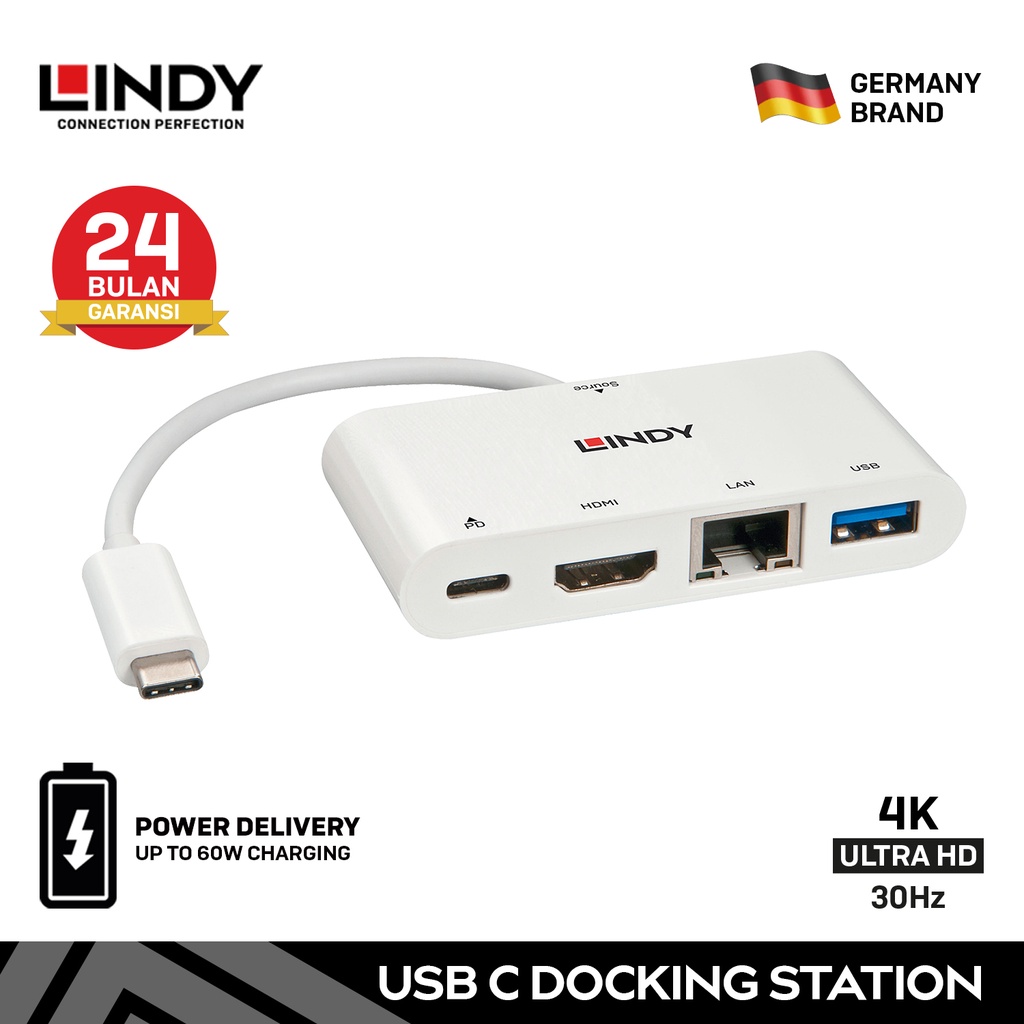 LINDY USB 3.2 C Docking Station Hub to HDMI PD 100W USB C RJ45 LAN