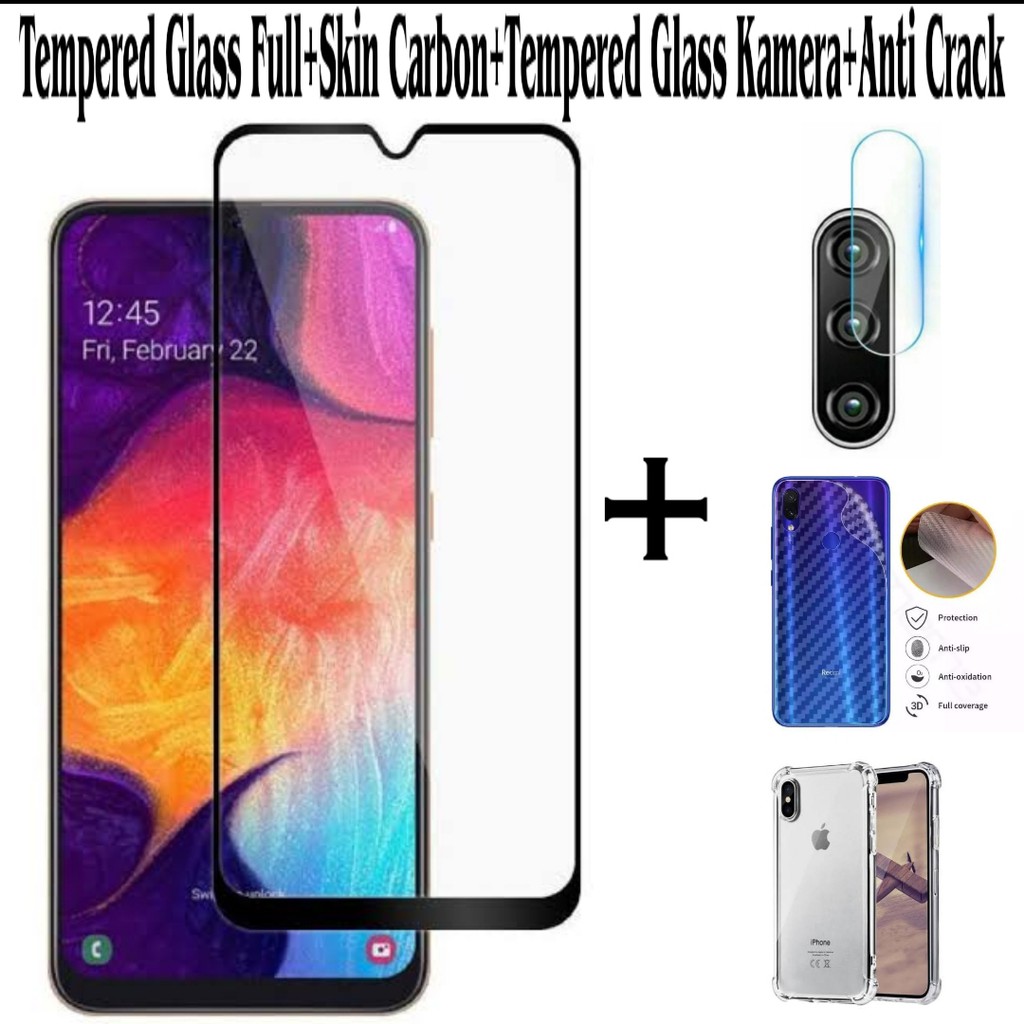 [PAKET PROMO]Tempered Glass Full Samsung A10/A20 +Tempered Glass Kamera+Skin Carbon+Anti Crack