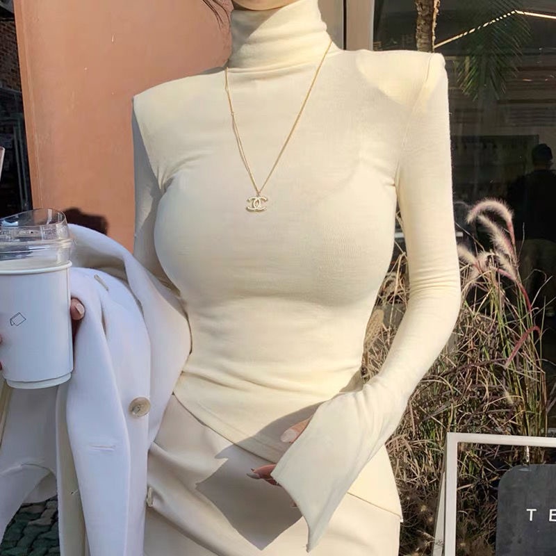 #Sisjuly# Hangat seksi bantalan bahu pinggang T-shirt tipis turtleneck bottoming kemeja stretch top