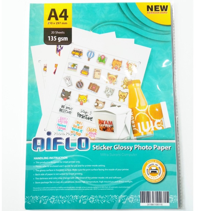 KERTAS FOTO STICKER AIFLO GLOSSY 135 GRAM 20 LEMBAR