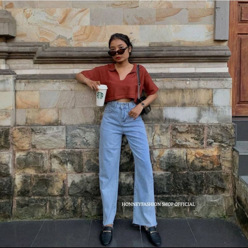 celana wanita  (27-34) UNFINISHED LIGHT BLUE HW LOOSE JEANS / CELANA HIGHWAIST WANITA KOREAN STYLE (