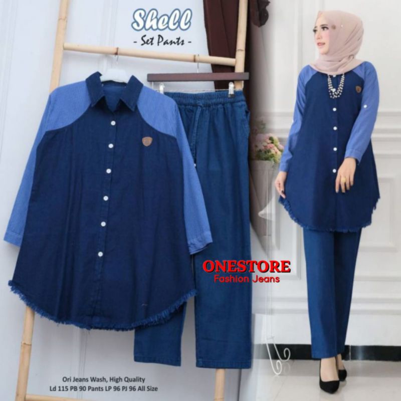 Dua Shel One Set Setelan Celana Blouse Jeans Rawis Mix Katun Salur Ld 115 Jumbo Fit XXL By Onestore