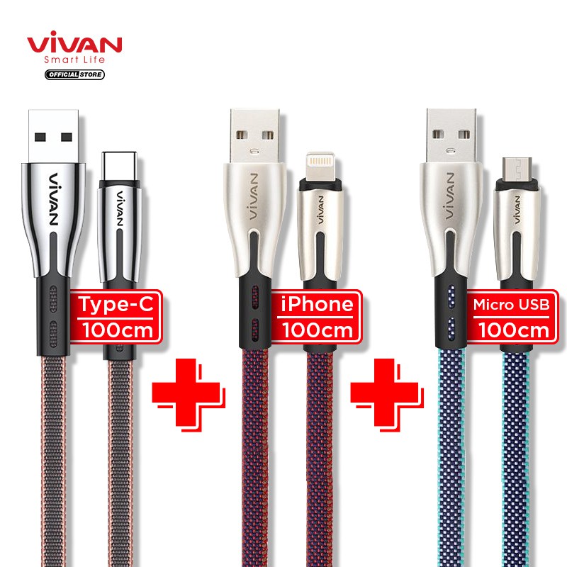 VIVAN Kabel Data USB MicroUSB + iPhone + Type C Fast Charging Original 3 Jenis Kabel BTK Series