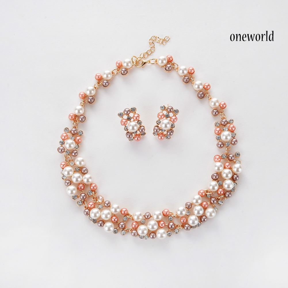 OW@ 2Pcs Women Fashion Faux Pearl Rhinestone Inlaid Necklace Earrings Jewelry Set
