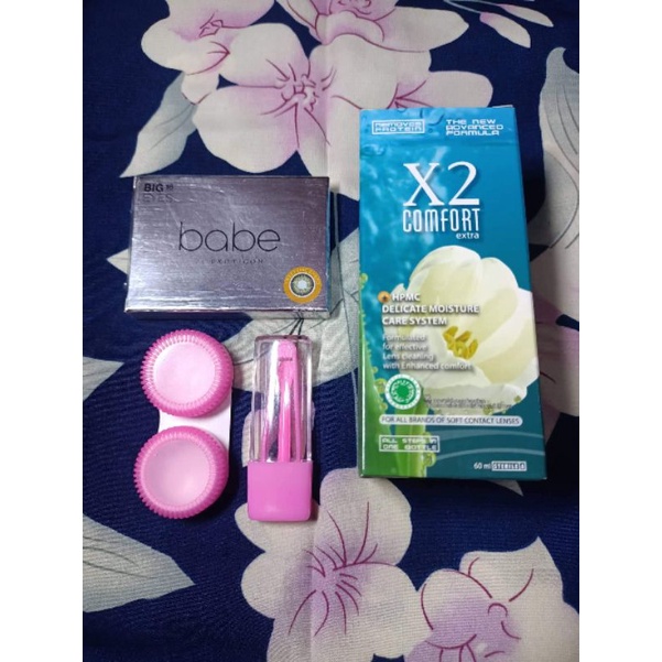 COD Paket Softlens Babe by X2 Big Eyes Dia 16mm Normal + Air Softlens X2 60ml + Pinset + Lenscase