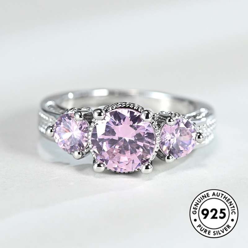 Cincin S925 Silver Aksen Berlian Warna Pink Gaya Klasik