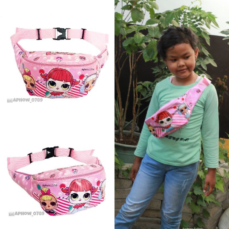 Paket 2in1 Tas Waistbag anak Perempuan Karakter Free Topi anak Led dan Bucket