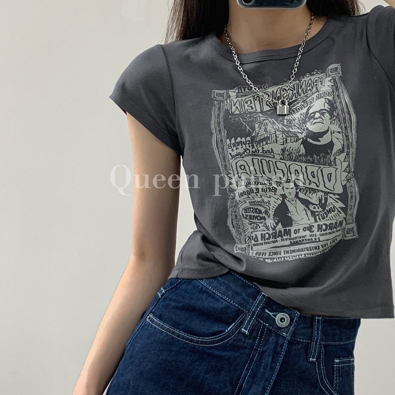 Suhao Kaos Wanita Lengan Pendek Musim Panas Baru Eropa dan Amerika Street Vintage High Street Bm Style Slim Fit Short Top