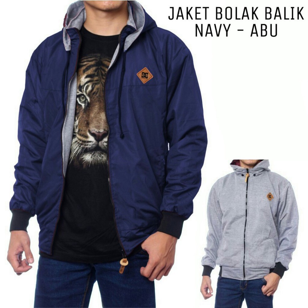 JAKET BOLAK BALIK PRIA BB 2in1 PARASUT ANTI AIR FLEECE SIZE M L XL-NAVY ABU