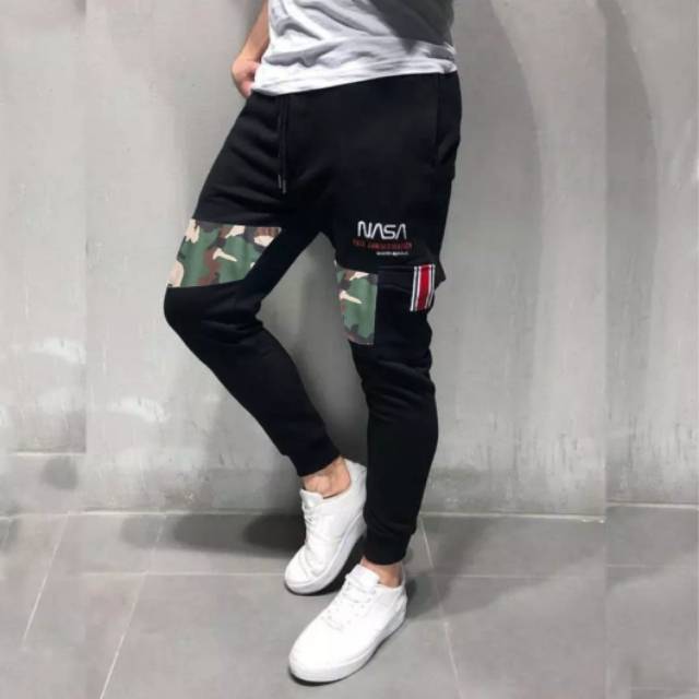 TOTOTAshop.Celana jogger NASA ARMY AO.Bahan fleece tebal.motif logo Sablon.real picture.