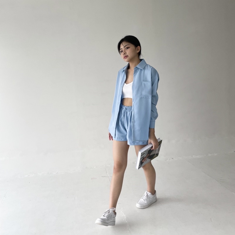 BLANC SET | Set Kemeja Wanita Panjang Setelan Celana Pendek Highwaist Short Oversized Korean Outer Shirt