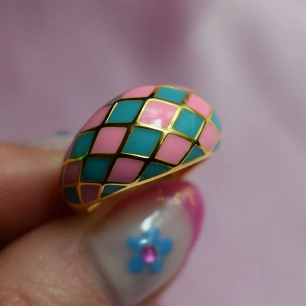 Needway  Colorful Enamel Rings Vintage Fashion Jewelry Bread Rings Women Aolly Creative Plaid Geometric Classic Diamond shape/Multicolor